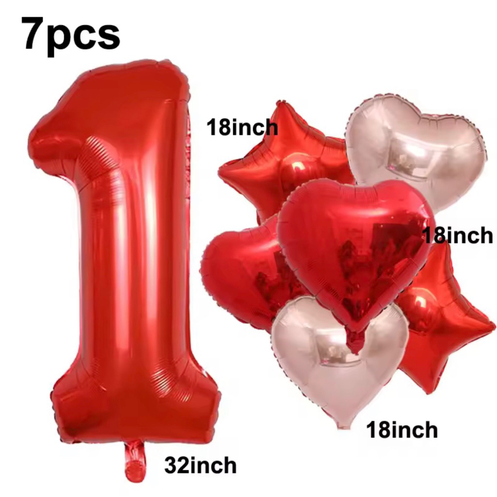 Set paket balon foil angka 80cm warna merah isi 7pc hati love heart cinta bintang chrome metalik sta