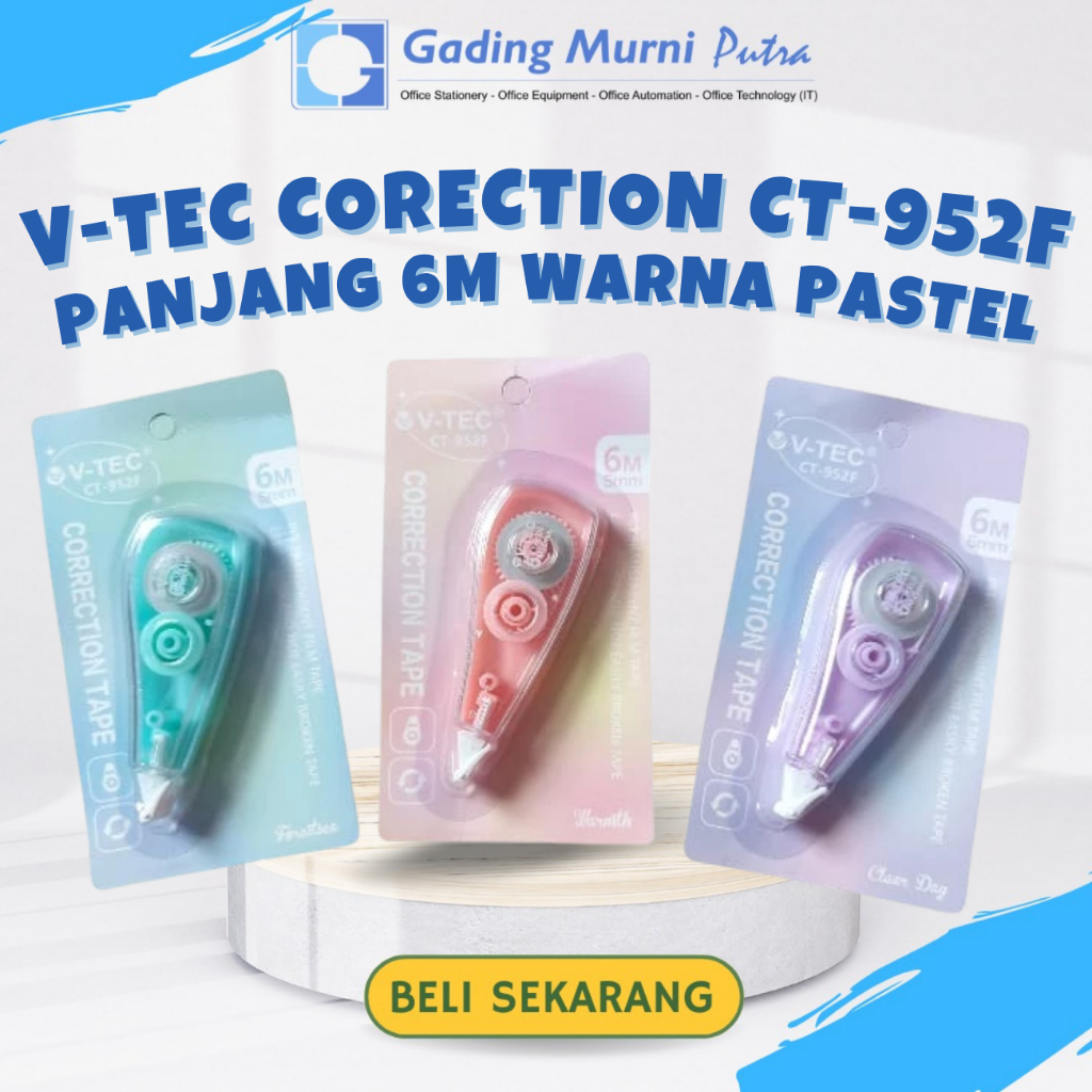 V-TEC CORRECTION CT-952F PANJANG 6MM TIPEX STIP KERTAS TIP EX WARNA PASTEL LUCU IMUT