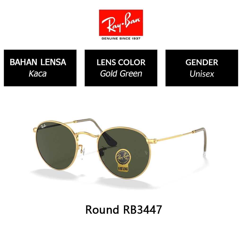 Kacamata Hitam RAY-BAN Round Metal RB3447 pria wanita Black Green Original 100% lensa kaca Sunglasse