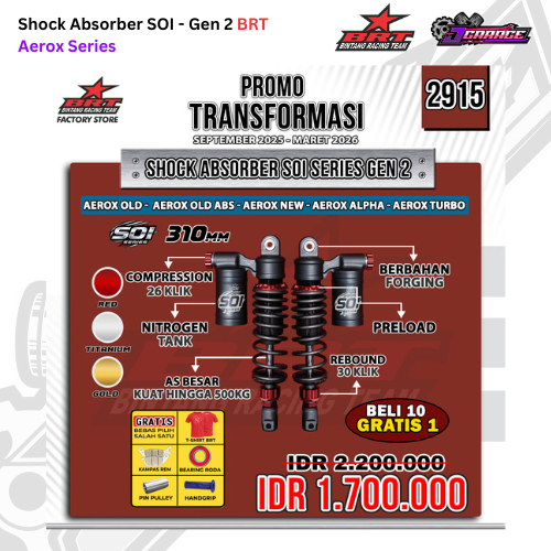 Shock Tabung Absorber - SOI BRT Gen 2 - 330mm isi 2 - Aerox Old / Aerox New / Aerox Alpha / Aerox Tu