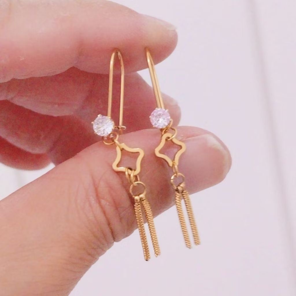 Anting kotak permata rantai panjang titanium asli ctm