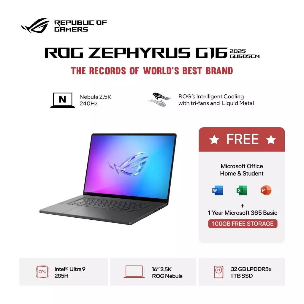 SUS ROG ZEPHYRUS G16 OLED GU605CM ULTRA 9 285H RTX5060 8GB 32GB 1TB WINDOWS 11+OHS 16.0 OLED WQXGA 2
