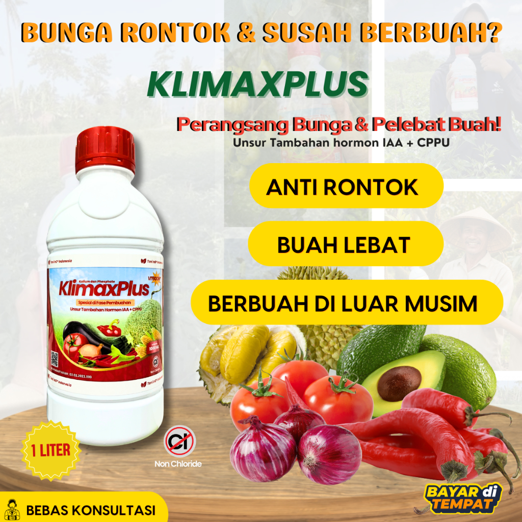 Pupuk Perangsang Bunga & Pelebat Buah KlimaxPlus 1 Liter, Kalium Phosphate + Hormon IAA CPPU, Anti R