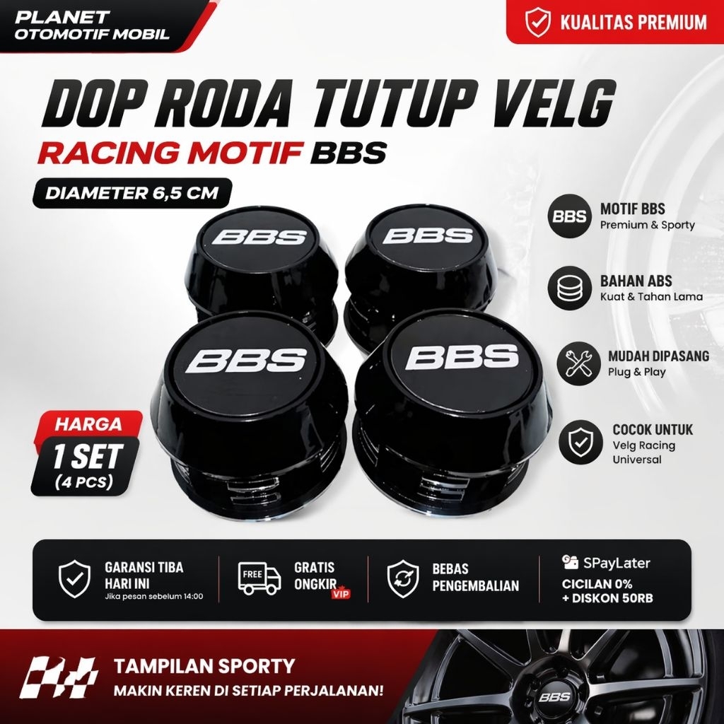dop roda tutup velg racing diameter 6,5 cm motif bbs kerucut hitam harga 1 set