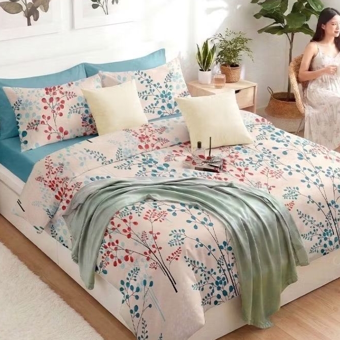 Sprei Set motif Daun Aesthetic ||katun premium||plus karet Anti geser