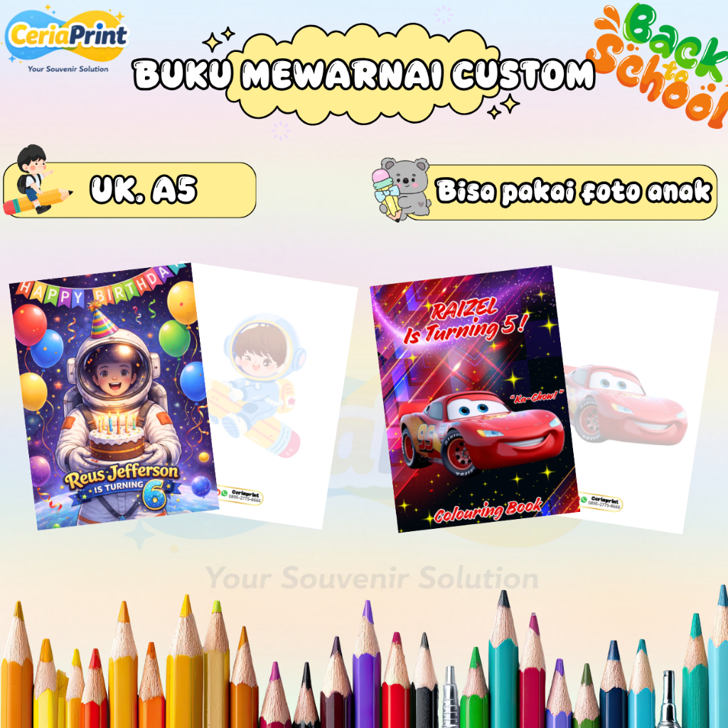 Buku Mewarnai Custom & Pensil Warna custom Untuk Souvernir ulang tahun anak - Hadiah Ulang tahun ana
