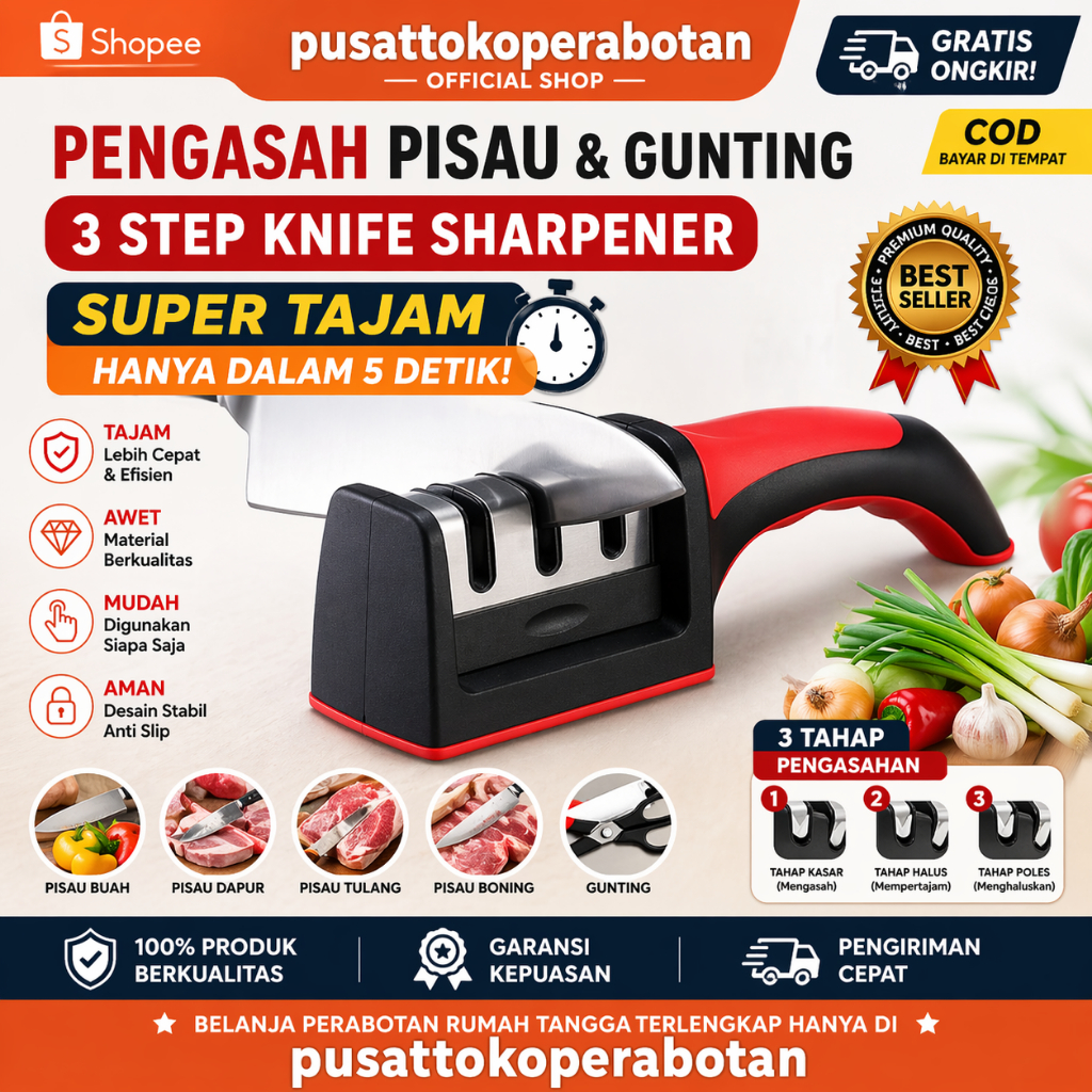 Alat Pengasah Asahan Asah Penajam Pisau dan Gunting Stainless Keramik Professional 3 Step Multifungs