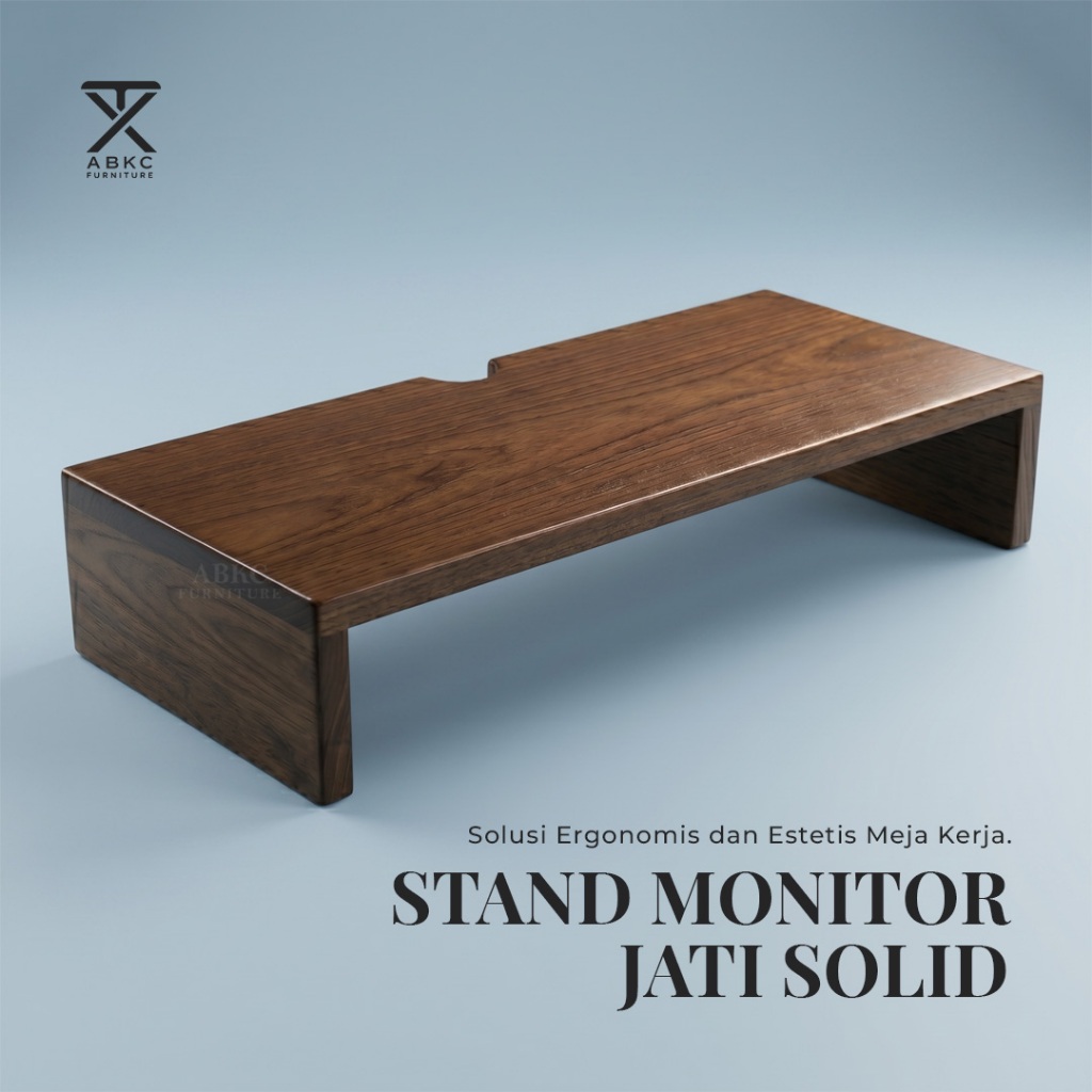 Dudukan Stand Monitor Kayu Jati Solid Organizer Meja Kerja Tempat Keyboard Cable Management