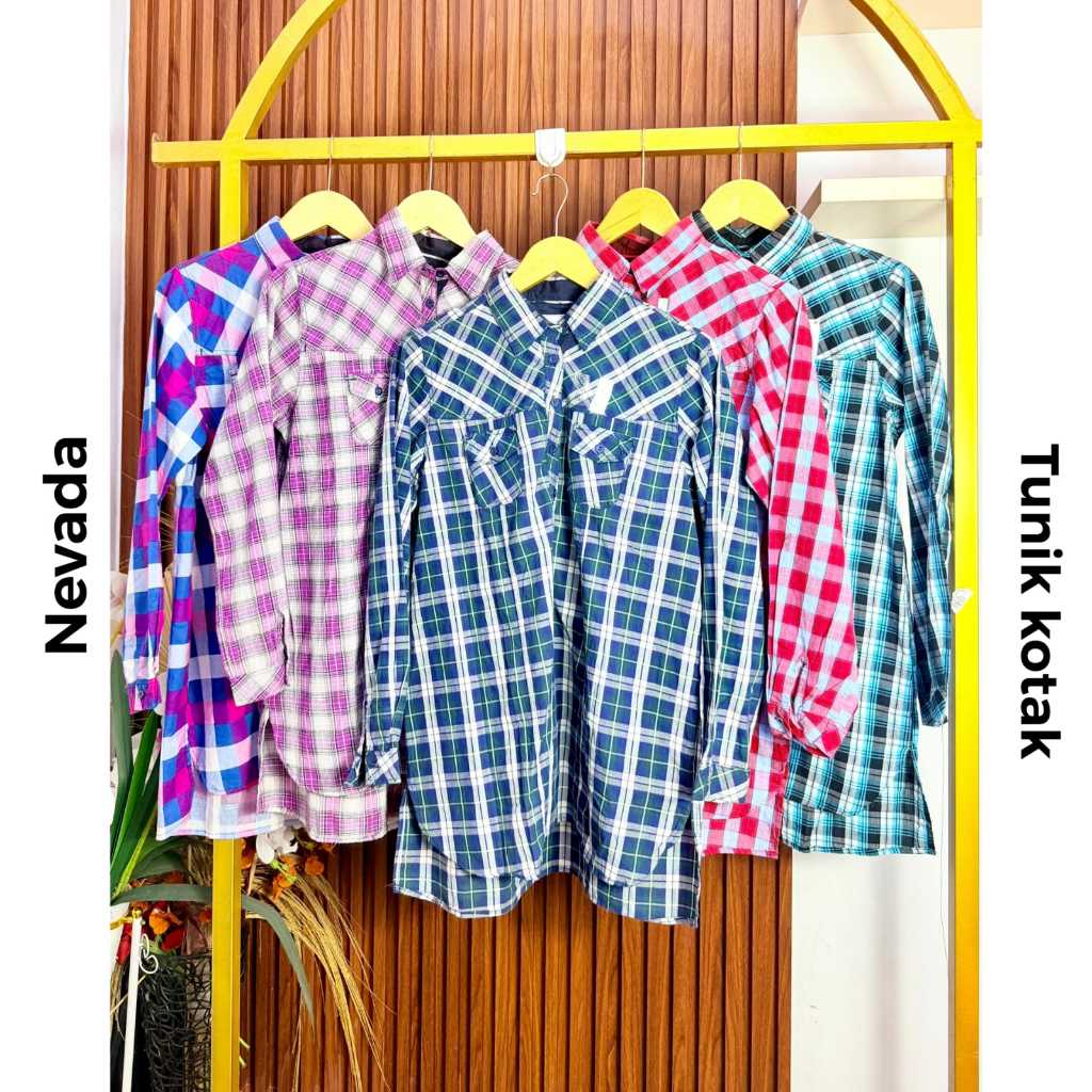 kemeja tunik wanita motiv kotak-kotak