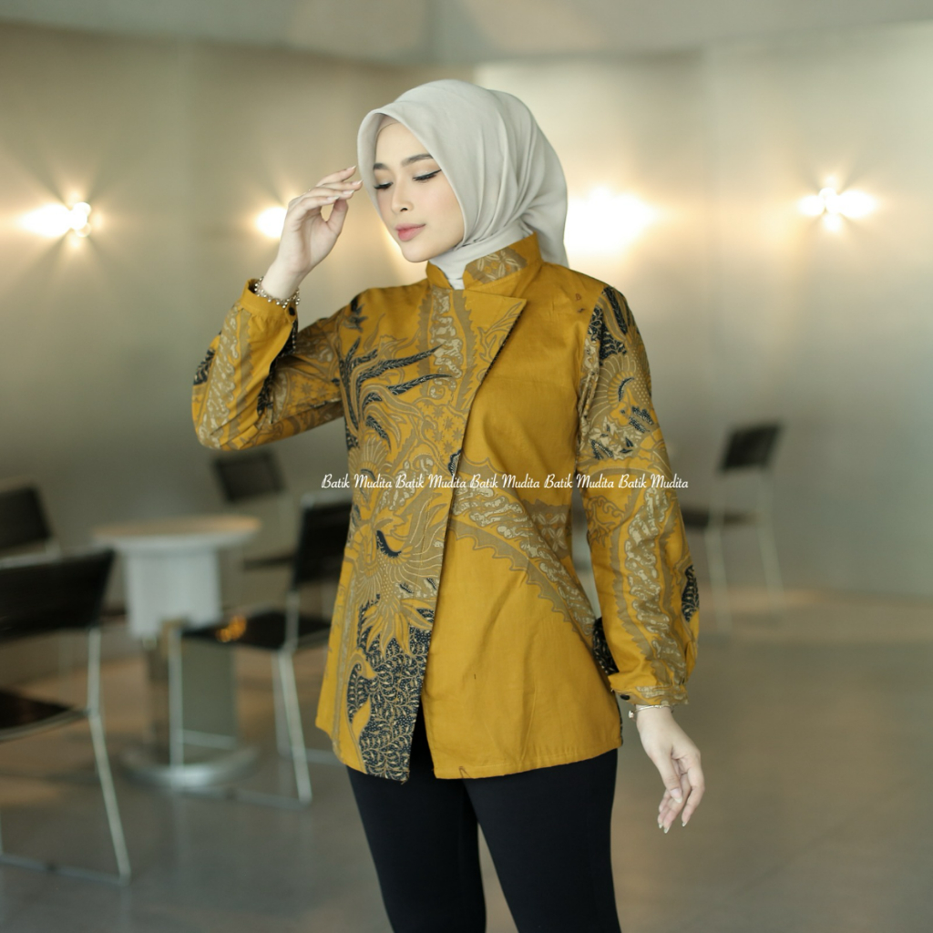 Batik Mudita Motif Maheswari Batik Kerja Wanita Modern Lengan Panjang Lapis Furing Trikot Premium Wa