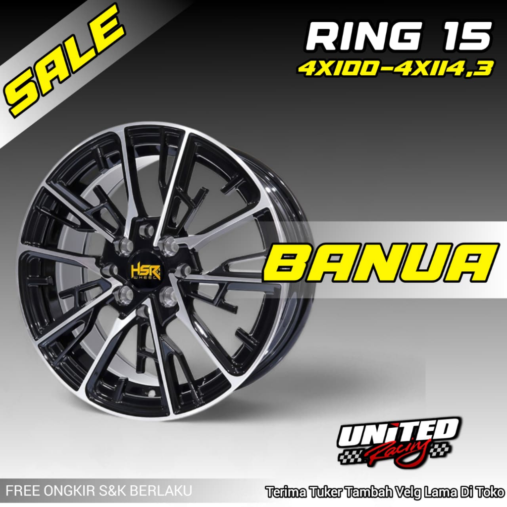 Velg Mobil Racing HSR BANUA Ring 15 PCD 4x100-4x114,3 Untuk Avanza Swift Ignis R15 Two Tone