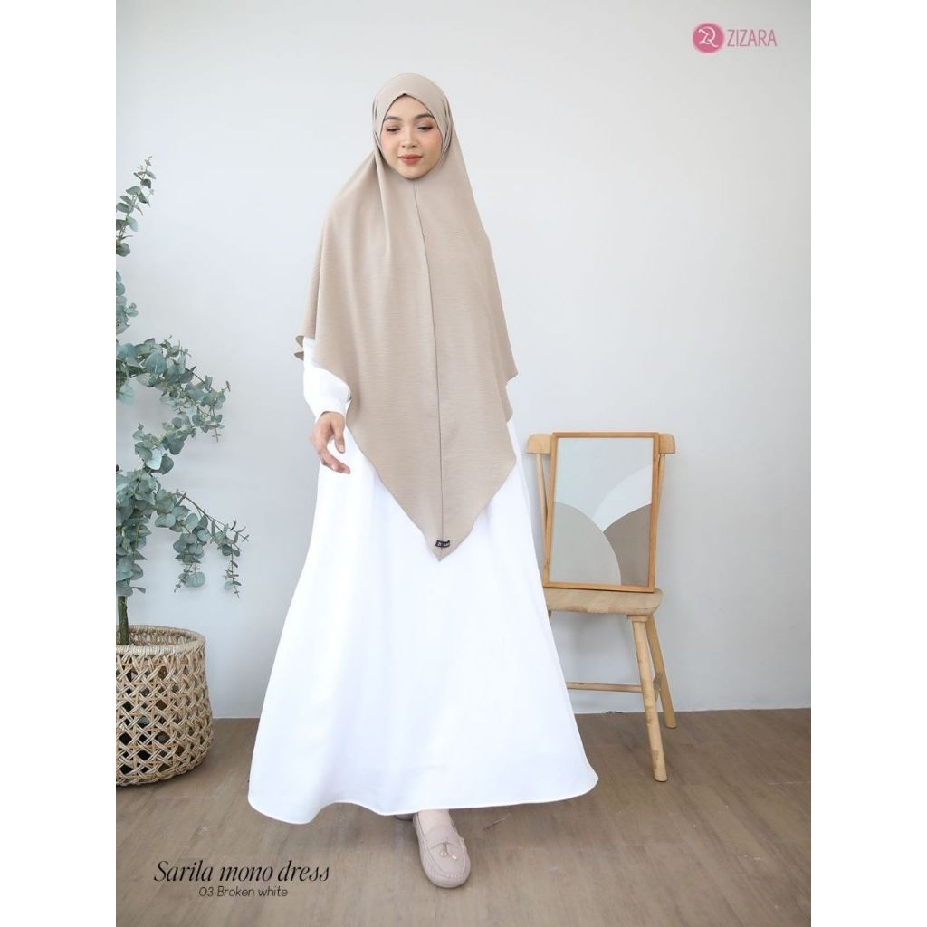 Sarila Mono 3 Dress by Zizara Gamis Putih Broken White Satin Double Furing Polos Gamis Haji Umroh Da