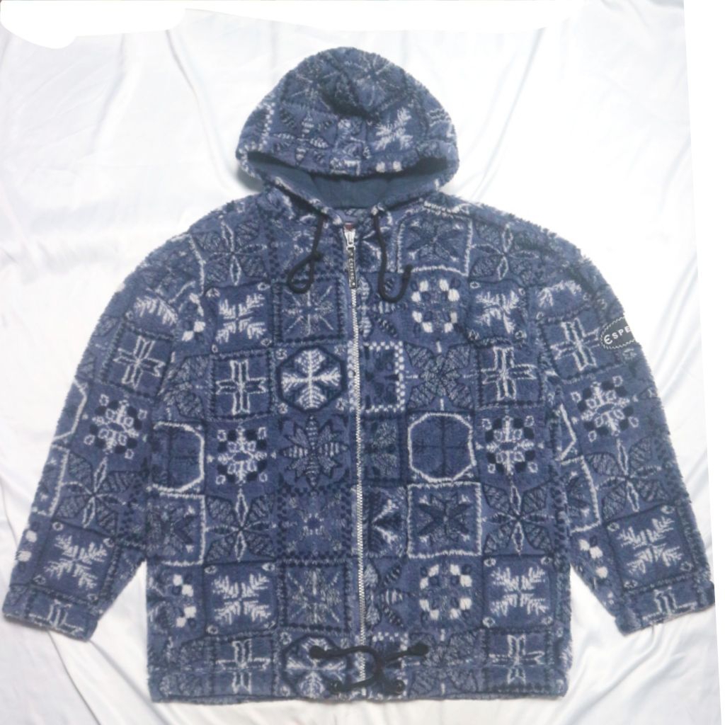 Espero Jaspo Fleece Flora Printed Hoodie Jacket Sherpa Blue Purple Biru Keunguan Motif Vintage Japan