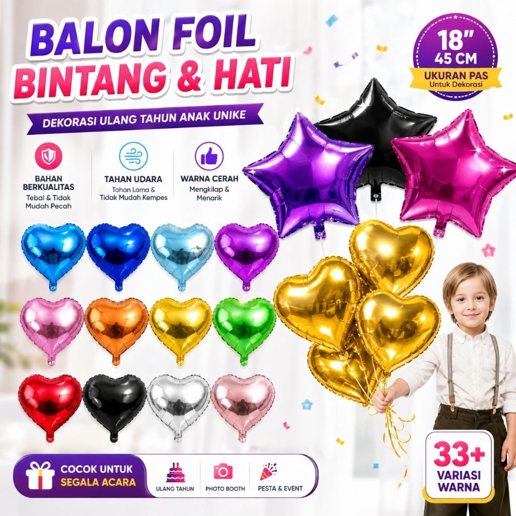 18" Balon Foil Star Love  45cm Bintang Hati Bahan Buket Balon Dekorasi Ulang Tahun Anak Unike