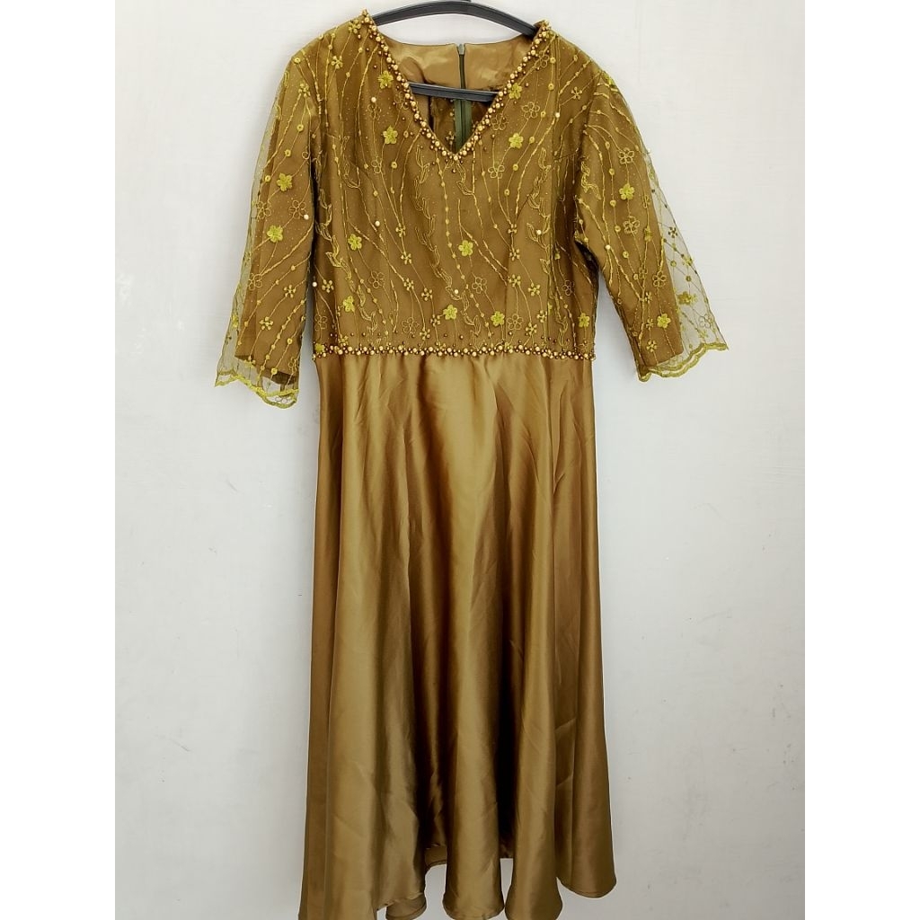 Dress pesta satin brokat hijau olive