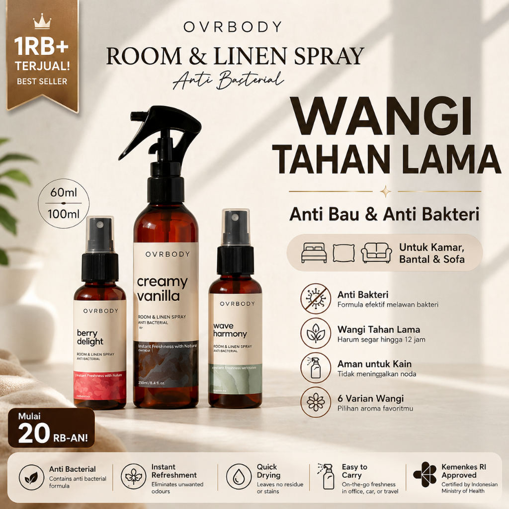 Pengharum Ruangan & Kain Anti Bau Tahan Lama 12 Jam | Room & Linen Spray Anti Bakteri OVRBODY