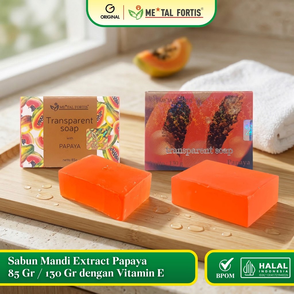 METAL FORTIS Sabun Mandi Extract Papaya 85gr / 130gr Transparent Soap Dengan Vitamin E MET
