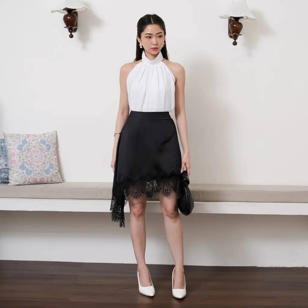 Rok Asimetris Megy  Rok Pendek Wanita Motif Polos Bahan Satin Simple