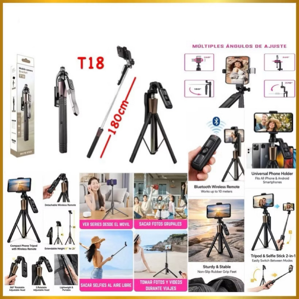 Tripod Tongsis Bluetooth T18 Tripod Selfie Stick 180CM Remote Shutter Bluetooth 360 Derajat