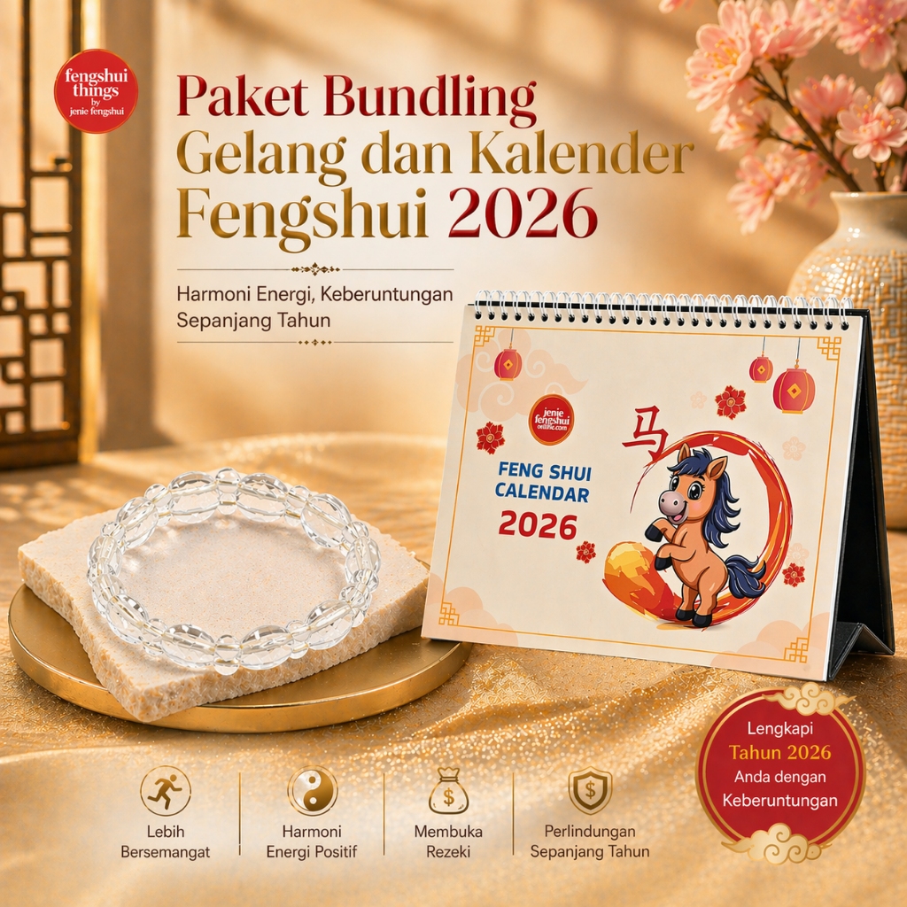 Paket Bundling Feng Shui 2026: Kalender Meja + Gelang Crystal Quartz Stone Bening Feng Shui
