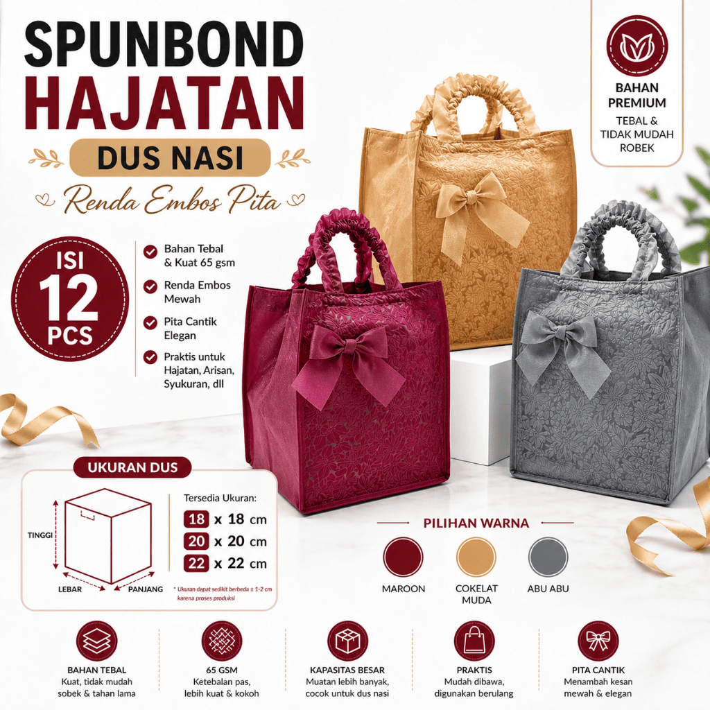 [12 pcs] Tas Hajatan Dus Nasi Renda Embos Pita Spunbond - Spunbond Tebal