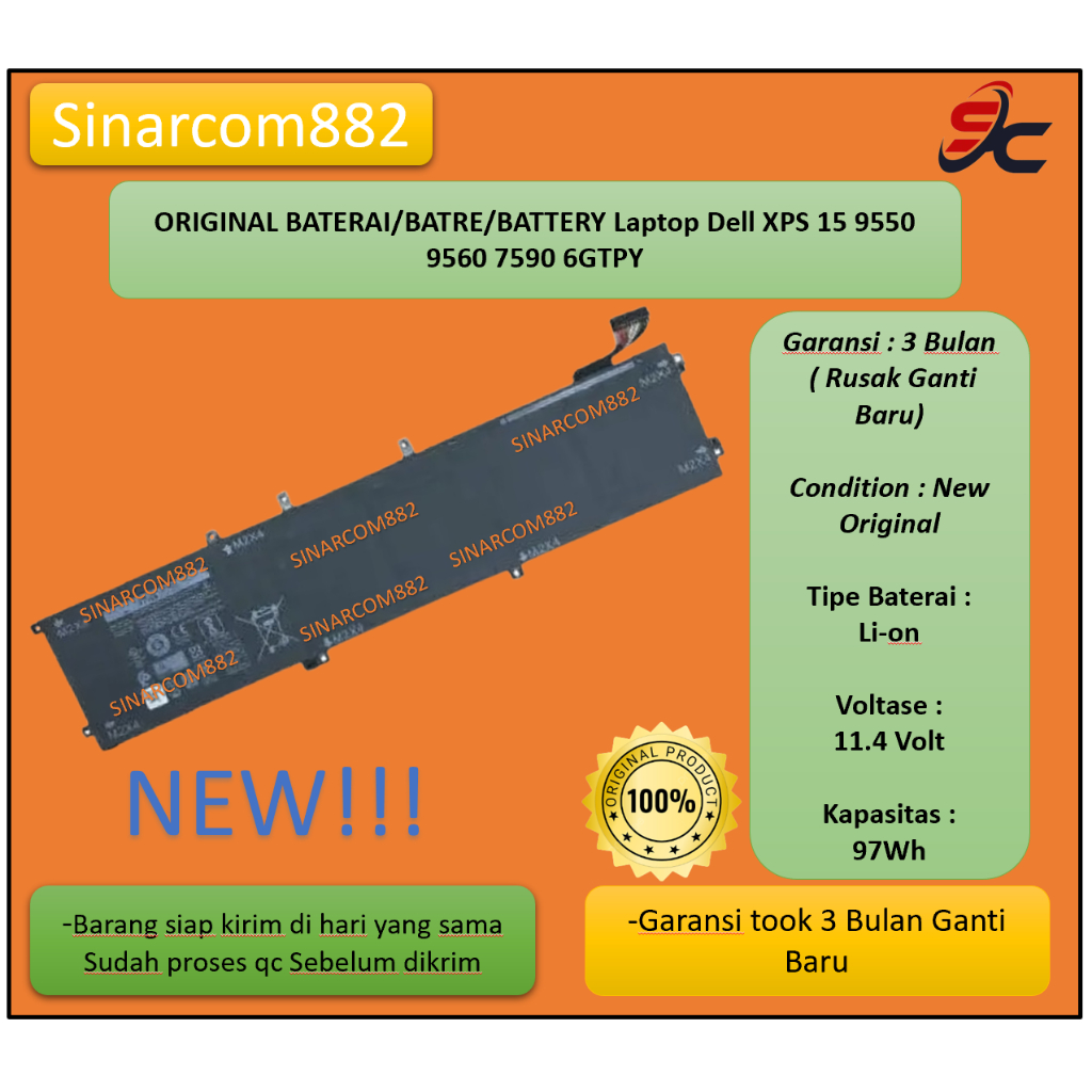 ORIGINAL BATERAI/BATRE/BATTERY Laptop Dell XPS 15 9550 9560 7590 6GTPY