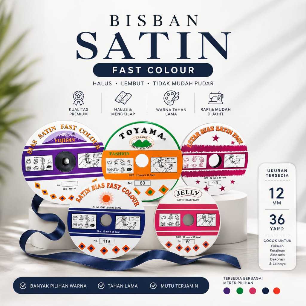 Pita Bisban Satin Polos 12mm – Pinggiran Kain & Hiasan Jahit (1 Roll 36 Yard)