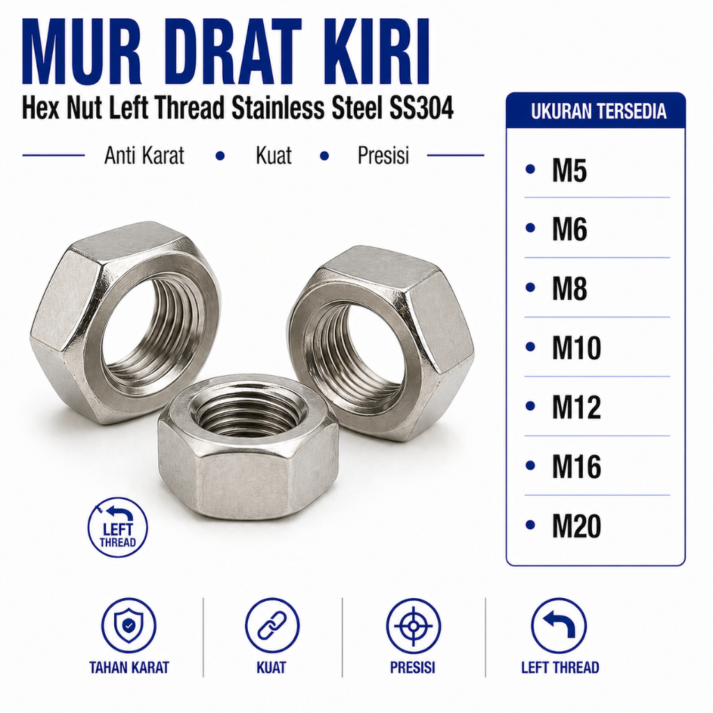 Mur Drat Kiri M12 / Hex Nut Left Thread M12 Stainless SS304