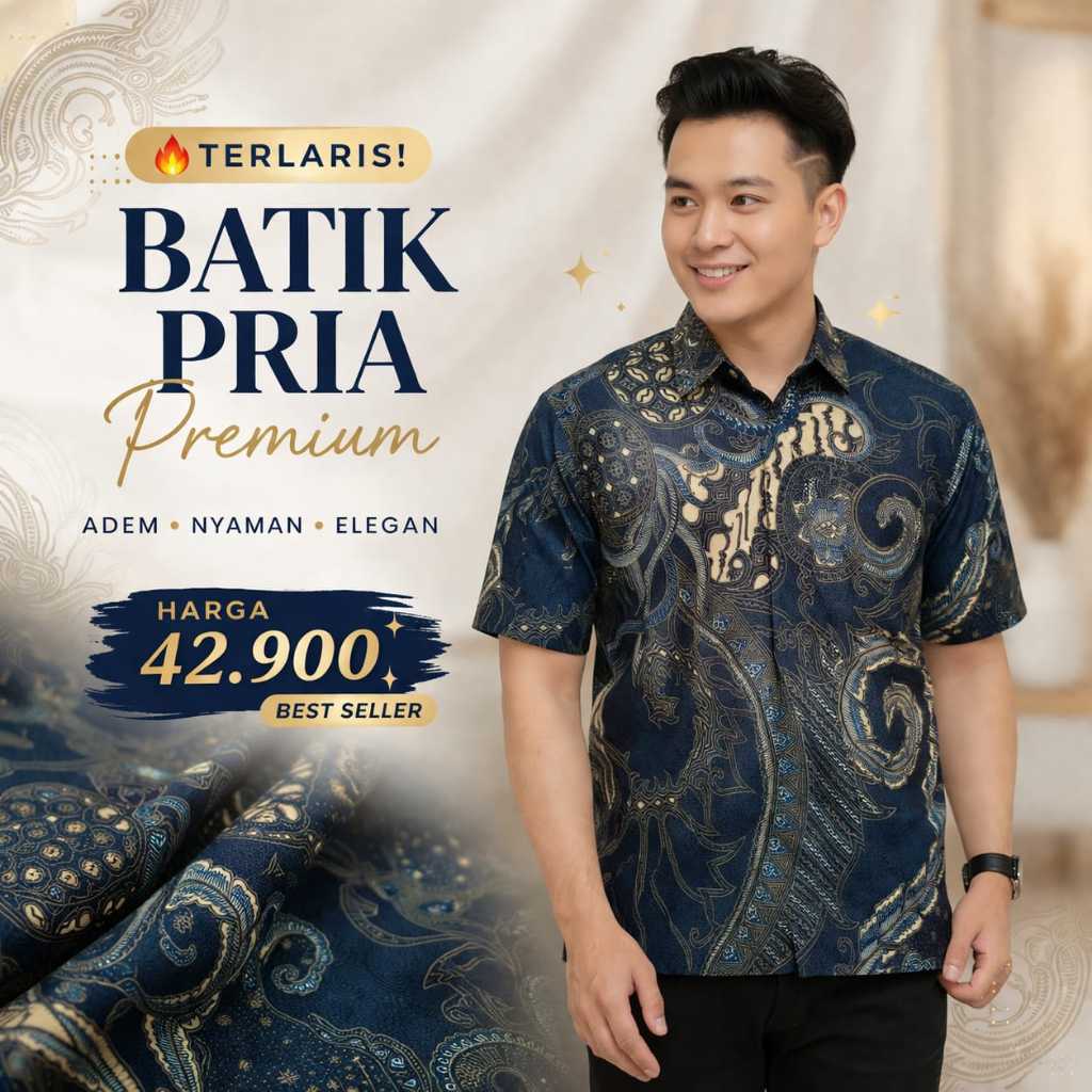 Kemeja Pendek Batik Pria Biru Politextile M L XL XXL