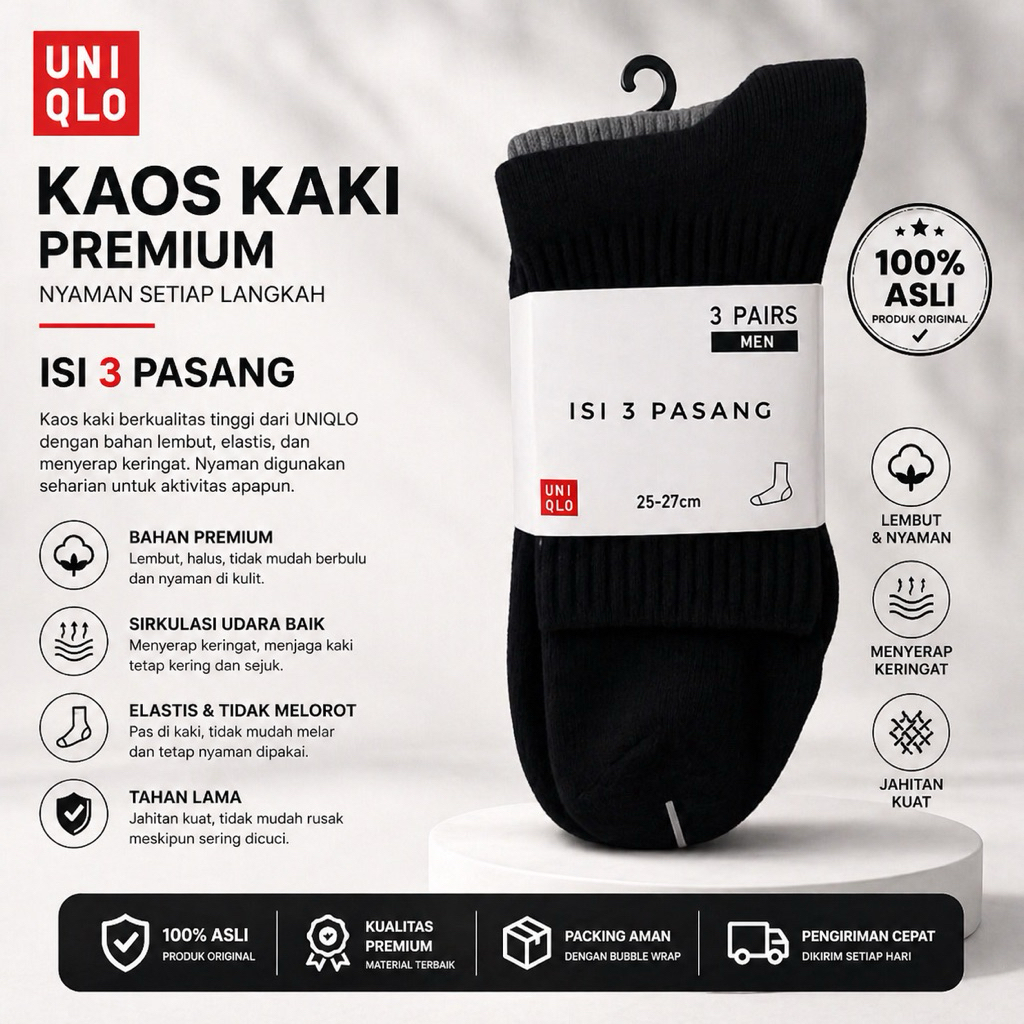 Kaos Kaki Pria Uniqlo Original Import Jepang - Isi 3 Pasang