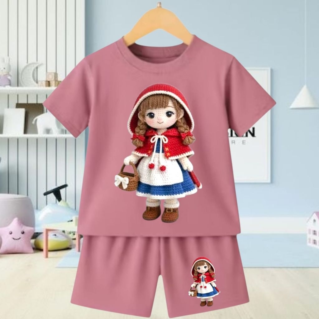 Baju Setelan Anak Perempuan Motif (PUTRI MERAH) Seperti Rajut Terlihat Timbul (Dengan DTF Print) Set