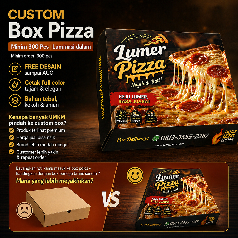 CUSTOM Box Pizza | Minim 300 Pcs | Laminasi dalam