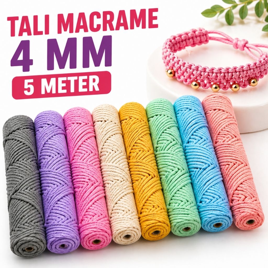 Tali Macrame 4mm 5 Meter | Tali Kur DIY Gelang, Tas & Kerajinan | Warna Pastel & Cerah