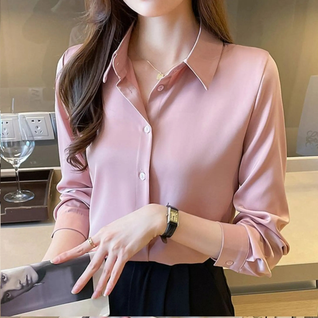 Kemeja Wanita Rayon Twill Premium Adem Lengan Panjang Atasan Baju Cewek Oversize Kasual Hitam Putih
