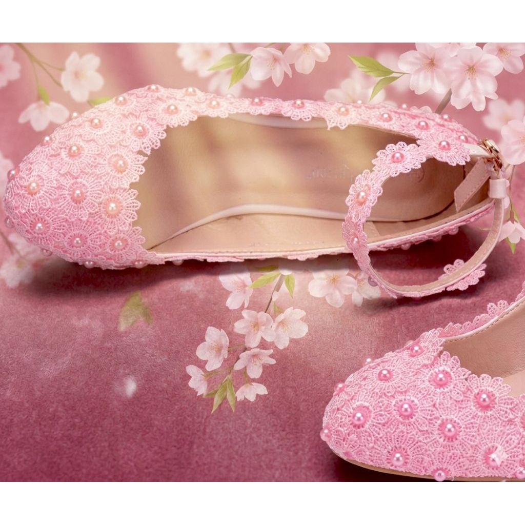 SEPATU HEELS WANITA BERMOTIF BUTIRAN PINK SIZE 50 ORIGINAL