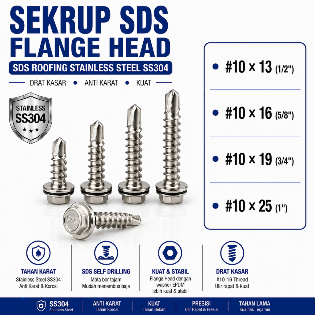 Sekrup SDS Flange Head #10X25 / SDS Roofing #10-16 X 1  Drat Kasar Stainless SS304