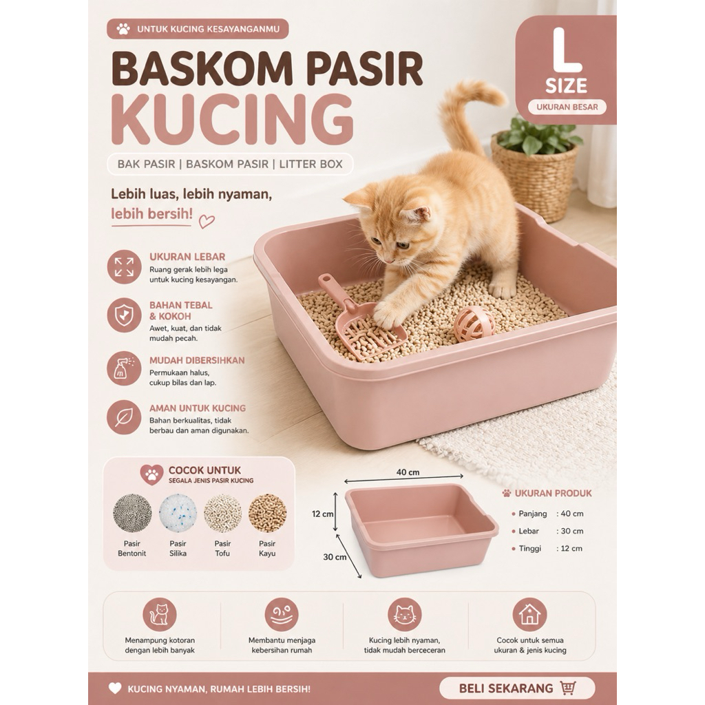 Baskom Pasir Kucing Bak Plastik Kucing  Litter Box Besar Bak Pasir Besar Kucing Wadah Pup Kucing Bak