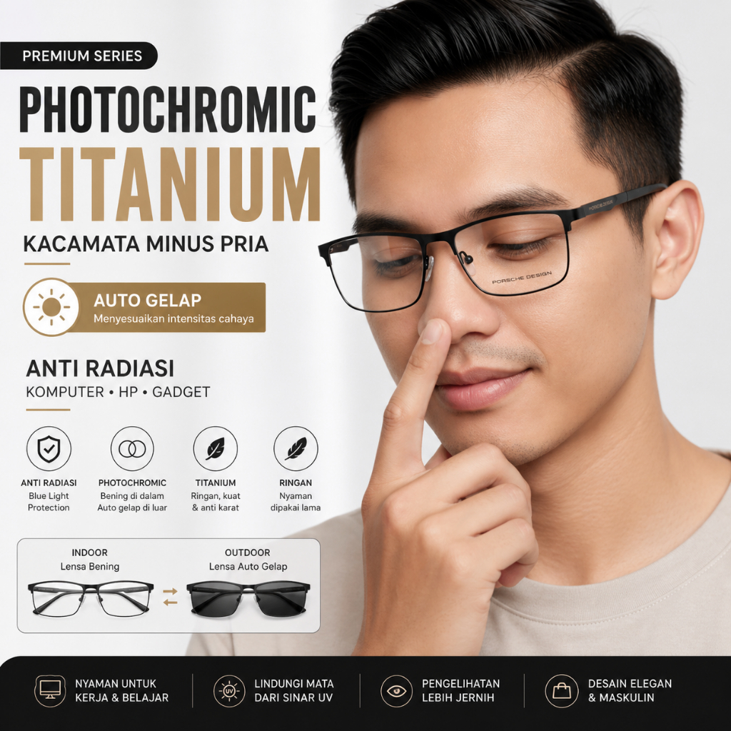 Kacamata Photochromic Minus Pria Sport Titanium Kaca Mata Anti Radiasi Komputer HP Gadget
