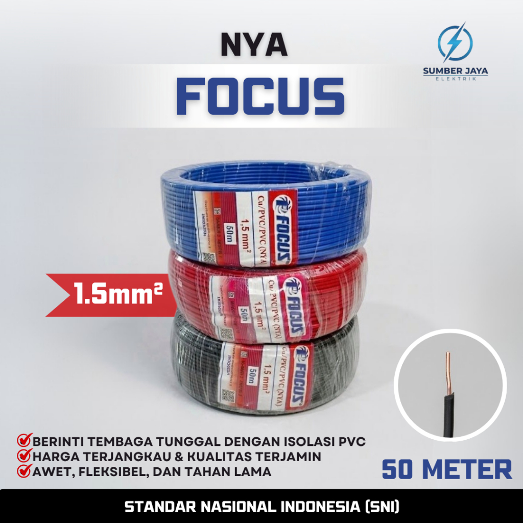 Focus Kabel Listrik NYA 1.5mm 50M SNI LMK Standar PLN Full Tembaga