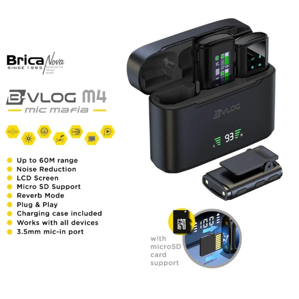 Brica B-VLOG M4 Dual Wireless Microphone - Clip On Mic Vlog - With Charging Case - BVLOG - Mic Wirel
