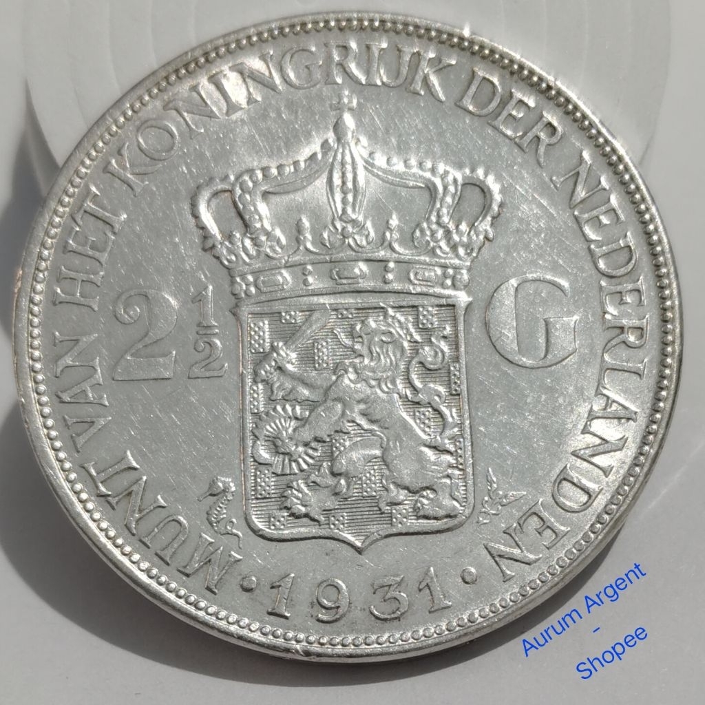 H2.5G.10-- 1 PC KOIN PERAK KUNO ASLI 2.5 GULDEN WILHELMINA TH 1931  -- SILVER COIN --