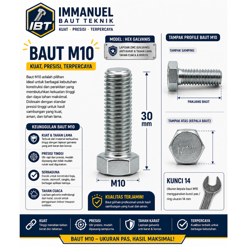 Baut M10 Putih Full Drat Baut 10mm Tanpa Mur