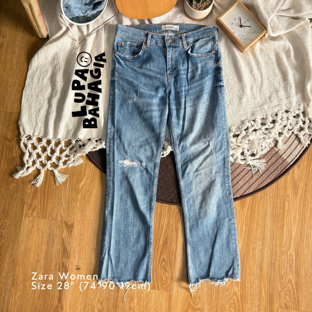 ZARA WOMEN Blue Ripped Jeans Baggy Long Pants size 28" • 100% Original (Celana Panjang)