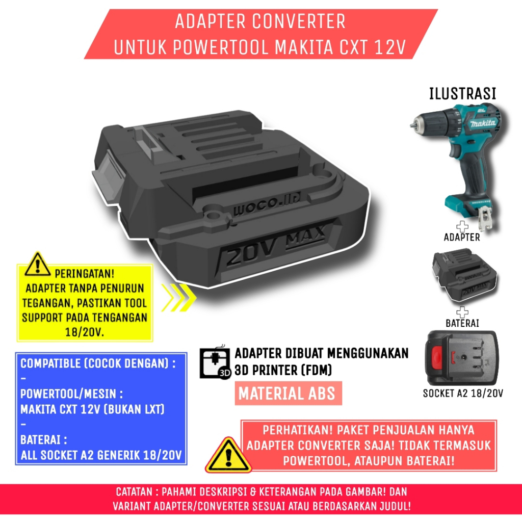Adapter Baterai Socket A2 18/20V - U/Tools/Mesin CXT 12V, 3DPrint ABS