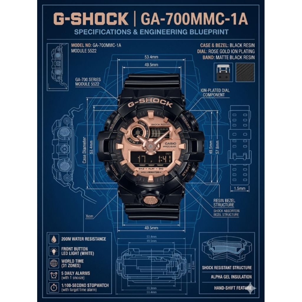 Casio G-Shock GA-700MMC-1ADR black gold mewah