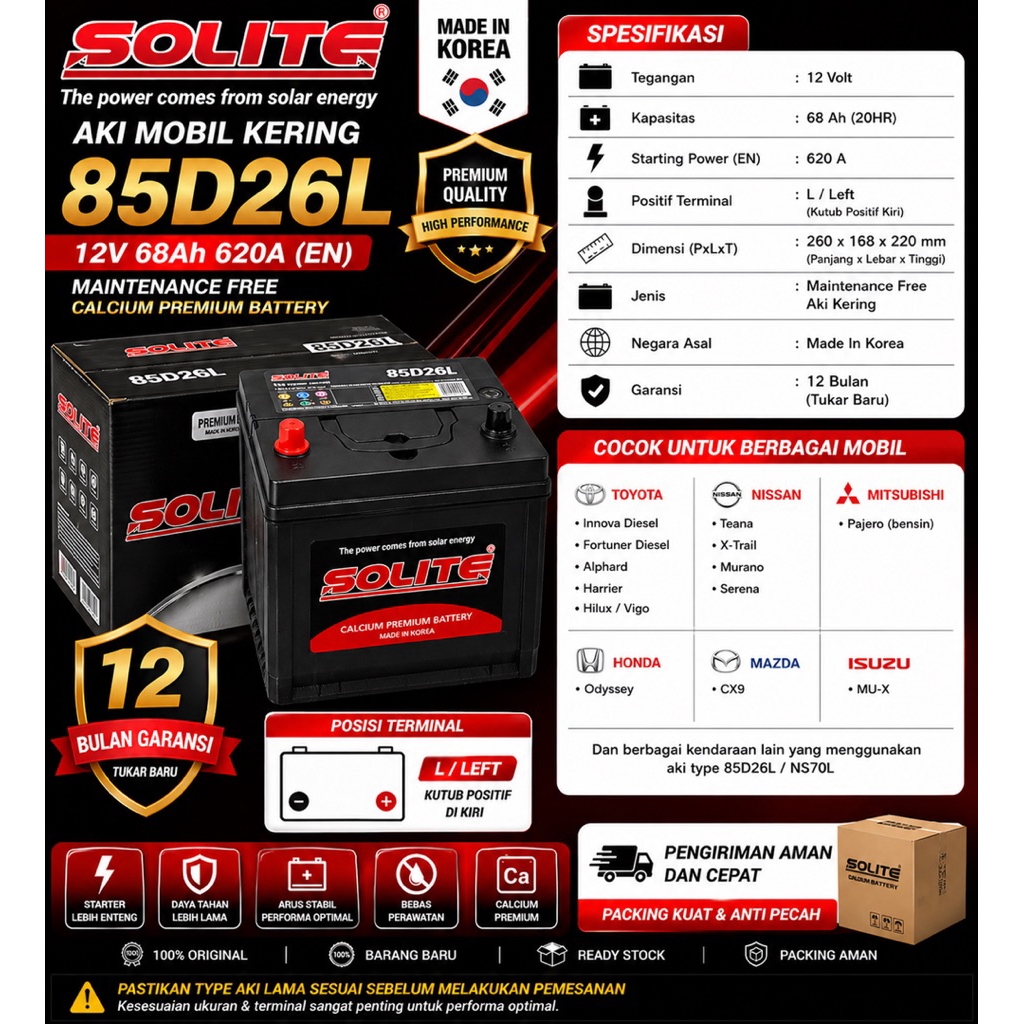 Aki Mobil Kering Solite 85D26L NS70L 12V 68Ah Untuk Innova Diesel Fortuner Alphard Teana Harrier