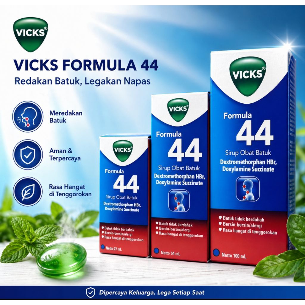 Sirup Obat Batuk Dewasa Vicks Formula 44 - Meredakan Batuk Kering & Bersin