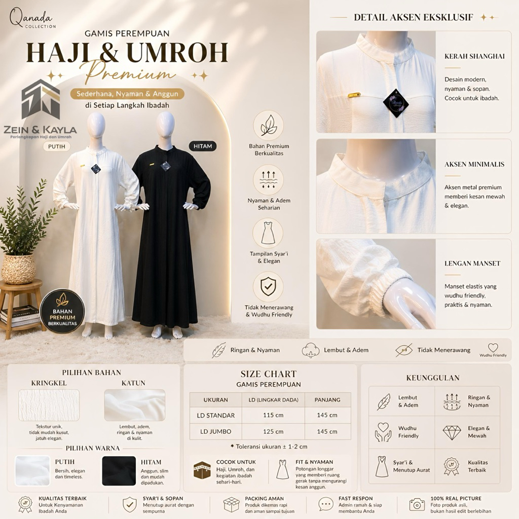 Gamis Syari Haji Umroh Perempuan Premium Bahan Katun & Kringkel PUTIH HITAM Jumbo Friendly