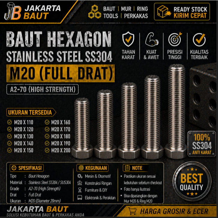 Baut Hex Stainless M20X150 - Baut Hexagon 20X150 / M20 X 150 / 20 X 150  SS304 / SUS304 / A2-70 Full