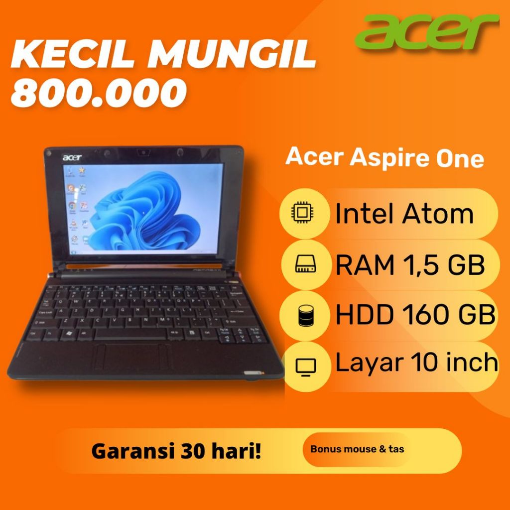 Acer AOA150 Hitam 10 inch Intel Atom N270 RAM 1GB Netbook Second